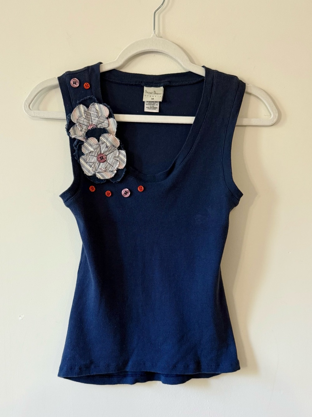 Sigal Dekel Navy Ribbed Floral Appliqué Tank Top Size M Y2K